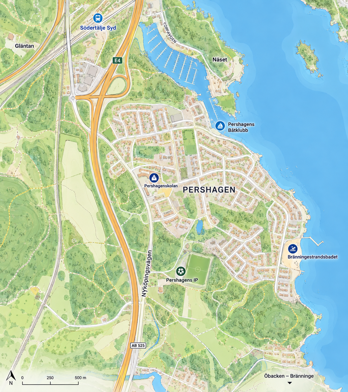 Illustrerad karta över Pershagen med omnejd